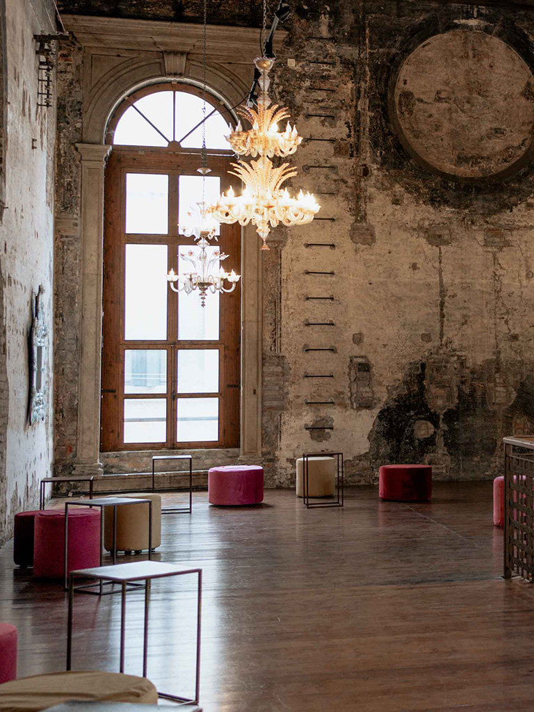 The set-up of an international event at the Glass Cathedral, in Murano, Venice